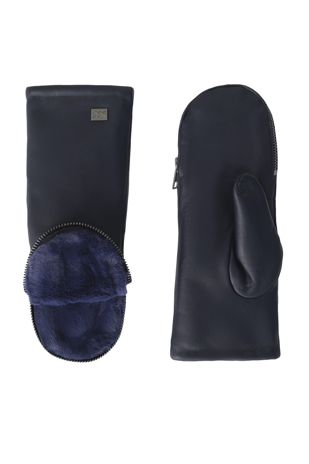 Betrice Faux Fur Lined Leather Mittens in Night Blue