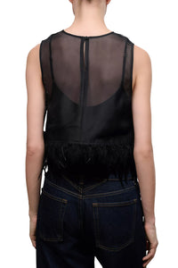 Avi Feather Trim Silk Top in Black