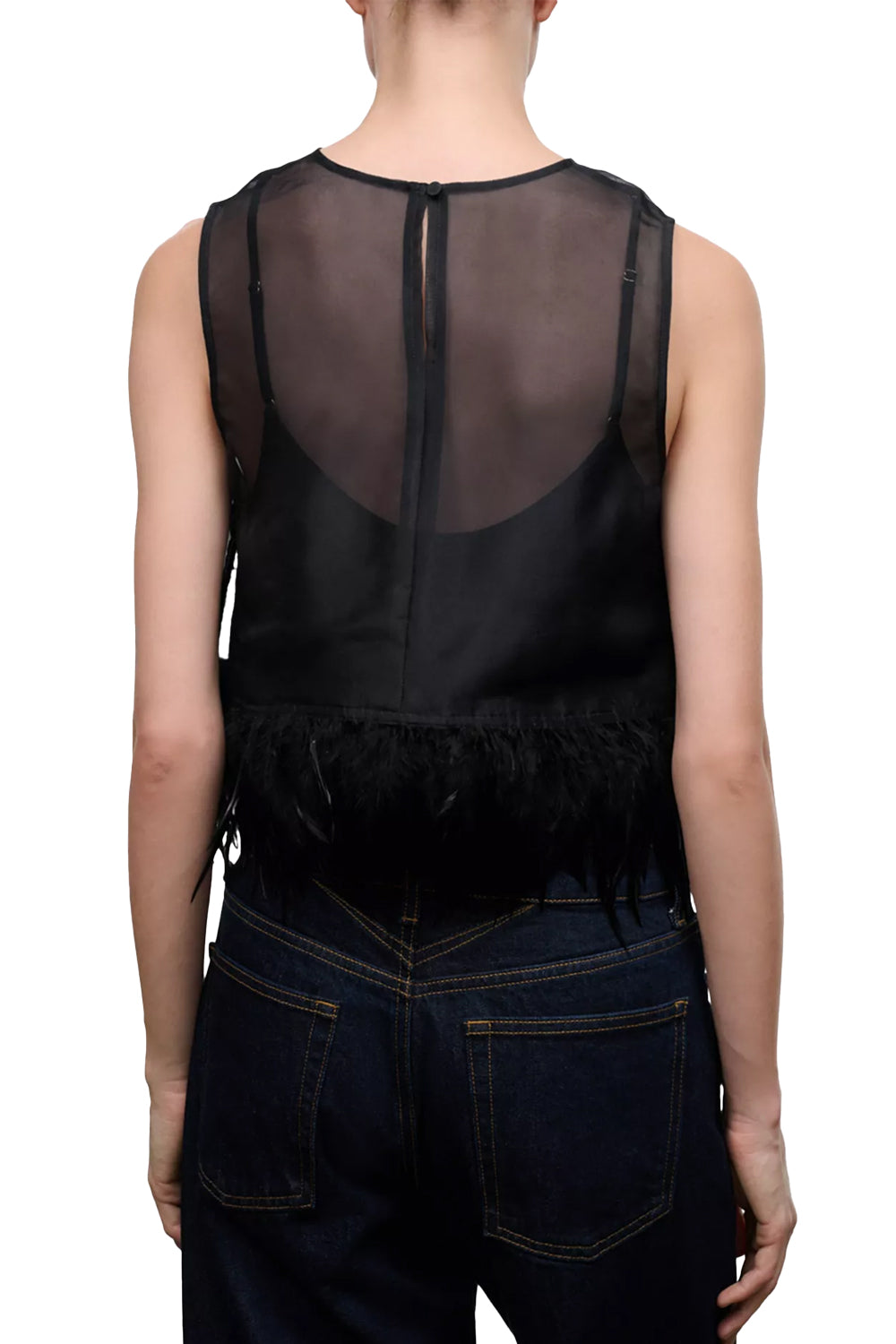 Avi Feather Trim Silk Top in Black