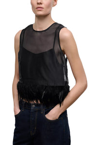 Avi Feather Trim Silk Top in Black
