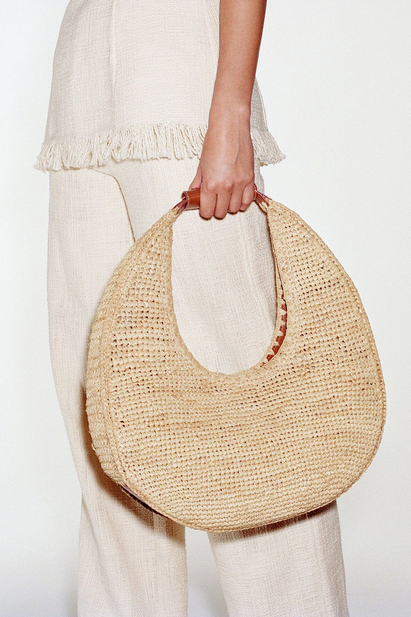 Large Raffia Moon Bag in Natural Tan