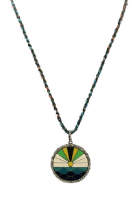 Oxidized Silver, Pave Diamond, and Enamel Sunrise Pendant on Silk Cord