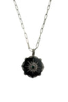 Pave Diamond Black Enamel and Emerald Pendant on Sterling Silver Oxidized Cable Chain