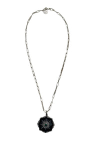 Pave Diamond Black Enamel and Emerald Pendant on Sterling Silver Oxidized Cable Chain