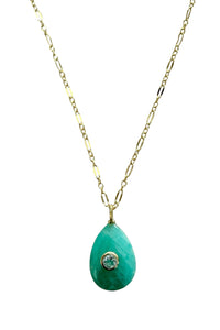 Necklace of Gold Filled Long short Chain & Amazonite and Bezel Set Amethyst Teardrop Pendant