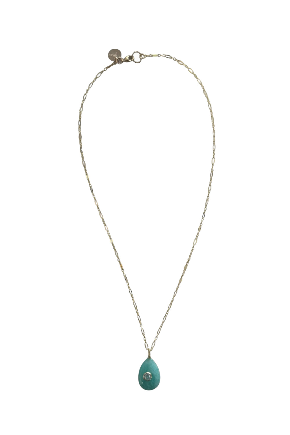 Necklace of Gold Filled Long short Chain & Amazonite and Bezel Set Amethyst Teardrop Pendant