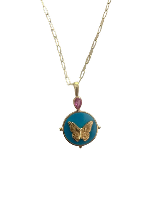 TURQUOISE BUTTERFLY SIGNET NECKLACE: Turquoise medallion with Gold vermeil butterfly and pink sapphire on 14K gold filled chain