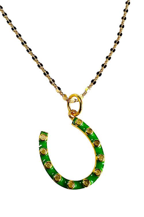 14K Gold Filled Chain with 14K Gold Vermeil, Green Enamel and Bezel Set Diamonds Necklace