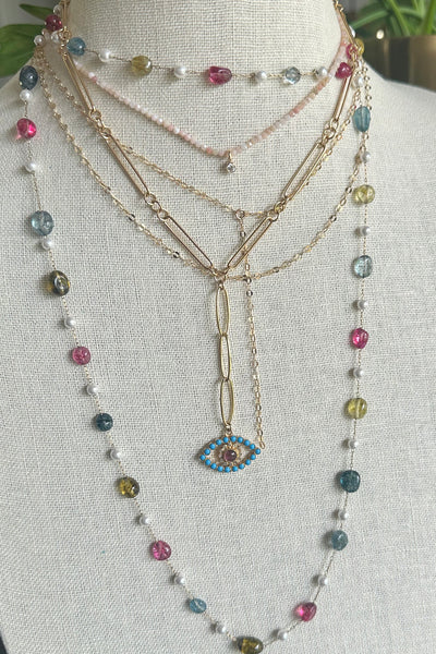 14K Gold Filled Long Short Chain with Gold Vermeil, Turquoise & Ruby Evil Eye Pendant