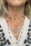 14K Gold Filled Bar Chain with 14K Vermeil and Pave Diamond Carabiner with Moss Agate Heart