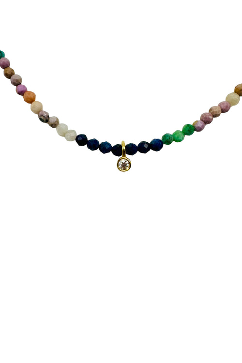 Faceted Multi Gemstones with Single 14K Gold Vermeil and Diamond Drop Necklace