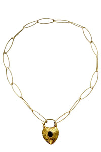 Necklace of Gold Filled Large Oval Chain with Gold Vermeil and Tourmaline Etched Heart Pendant Clasp