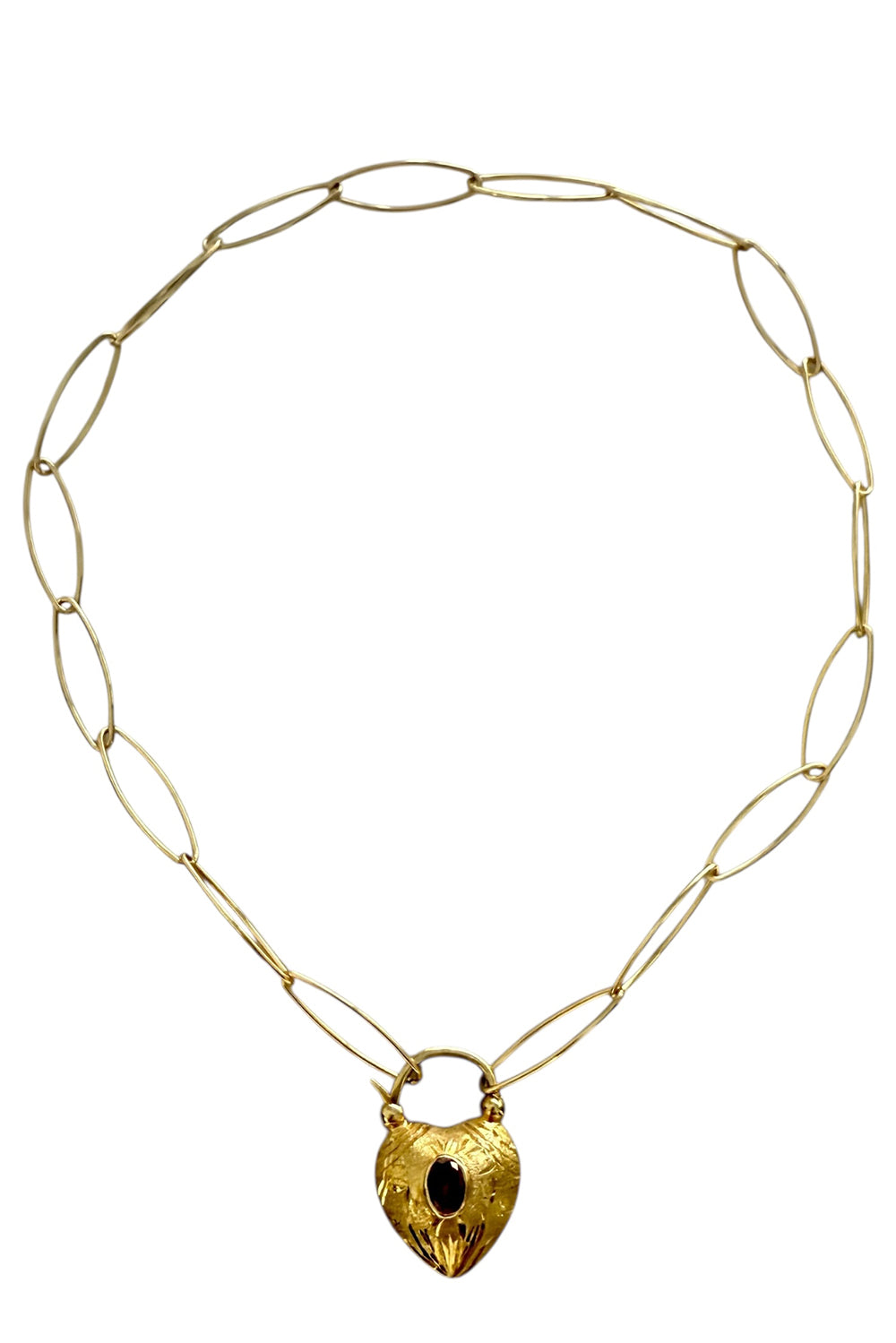 Necklace of Gold Filled Large Oval Chain with Gold Vermeil and Tourmaline Etched Heart Pendant Clasp