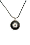 Pave Diamond & White and Black Enamel and Amethyst Circle Pendant on Braided Silk Cord