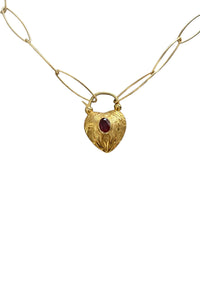Necklace of Gold Filled Large Oval Chain with Gold Vermeil and Tourmaline Etched Heart Pendant Clasp