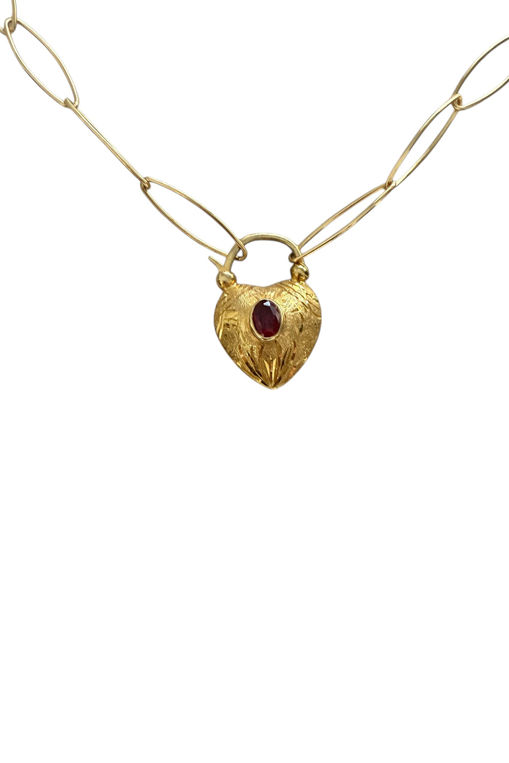 Necklace of Gold Filled Large Oval Chain with Gold Vermeil and Tourmaline Etched Heart Pendant Clasp