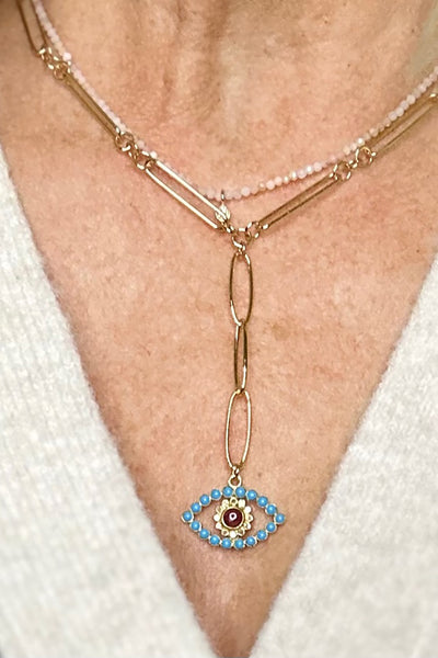 14K Gold Filled Long Short Chain with Gold Vermeil, Turquoise & Ruby Evil Eye Pendant