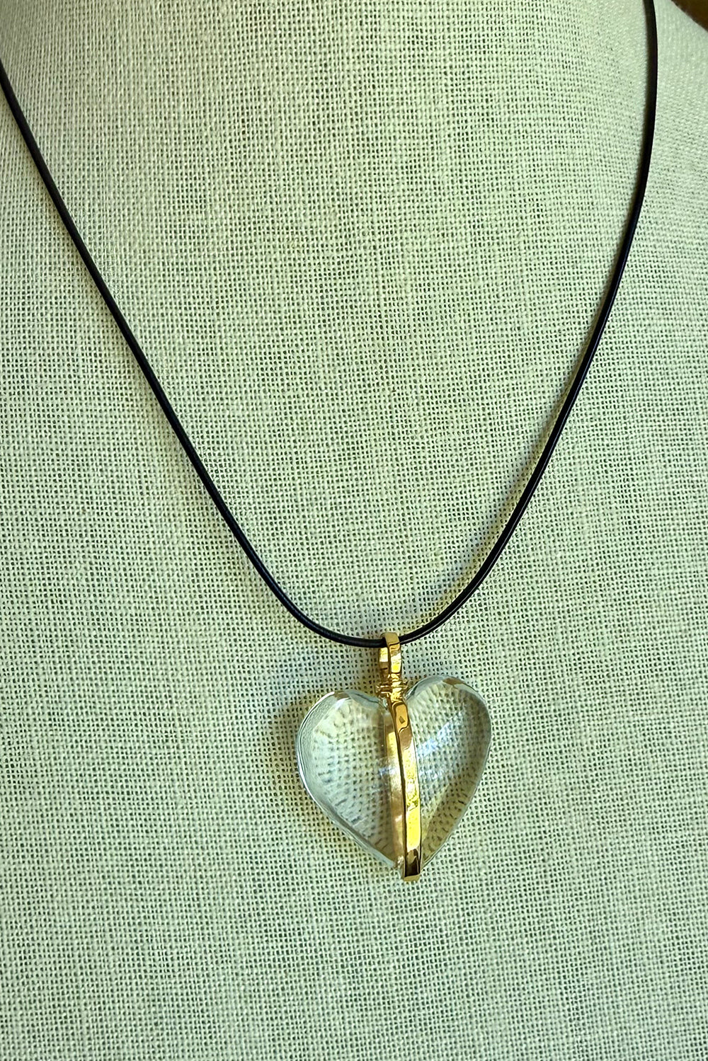 Gold Vermeil and Crystal Heart on Black Leather Cord