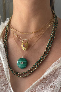 Necklace of Gold Filled Large Oval Chain with Gold Vermeil and Tourmaline Etched Heart Pendant Clasp