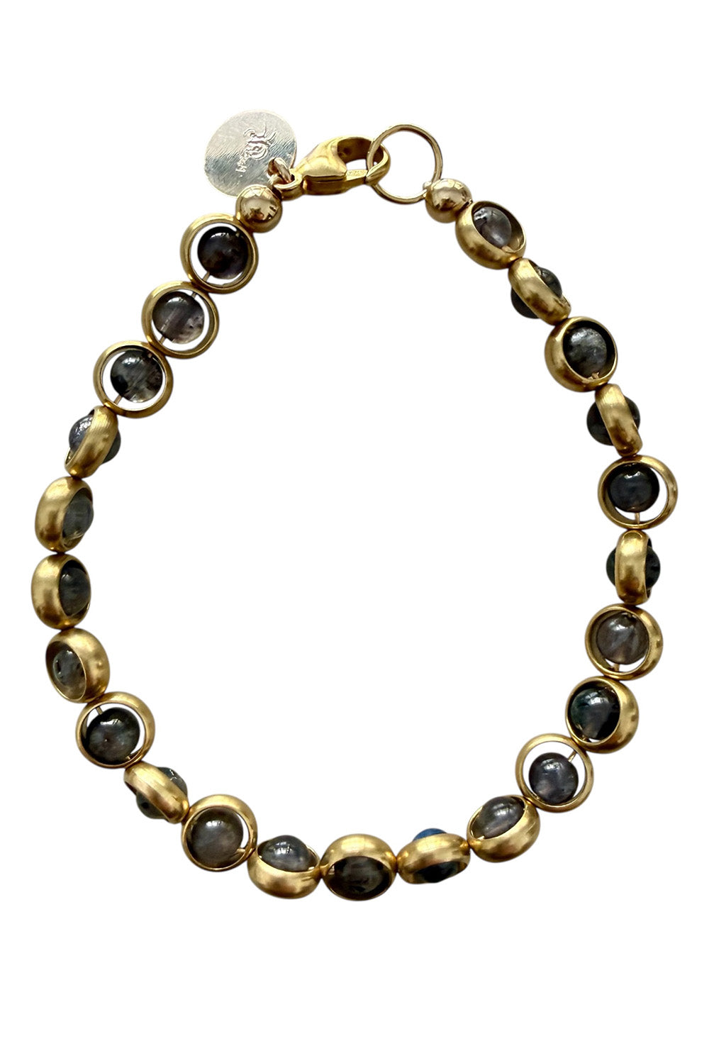 Gemstone Inside Gold Tone Rings Bracelet in Dark Labradorite