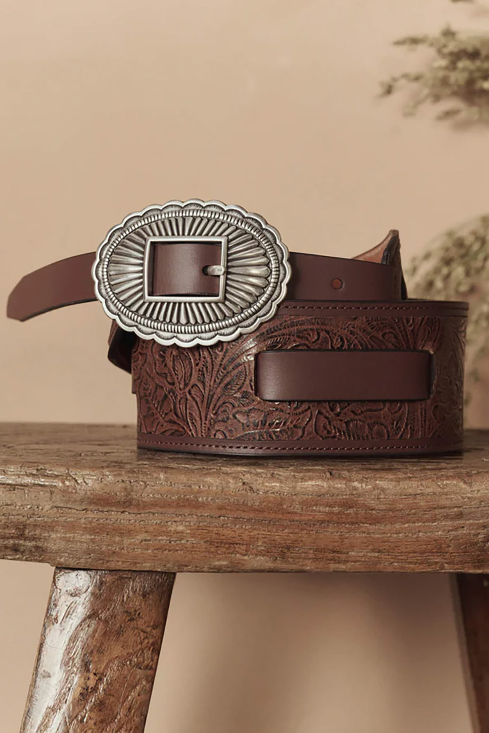 The Tooled Waist Belt in Brown with Silver