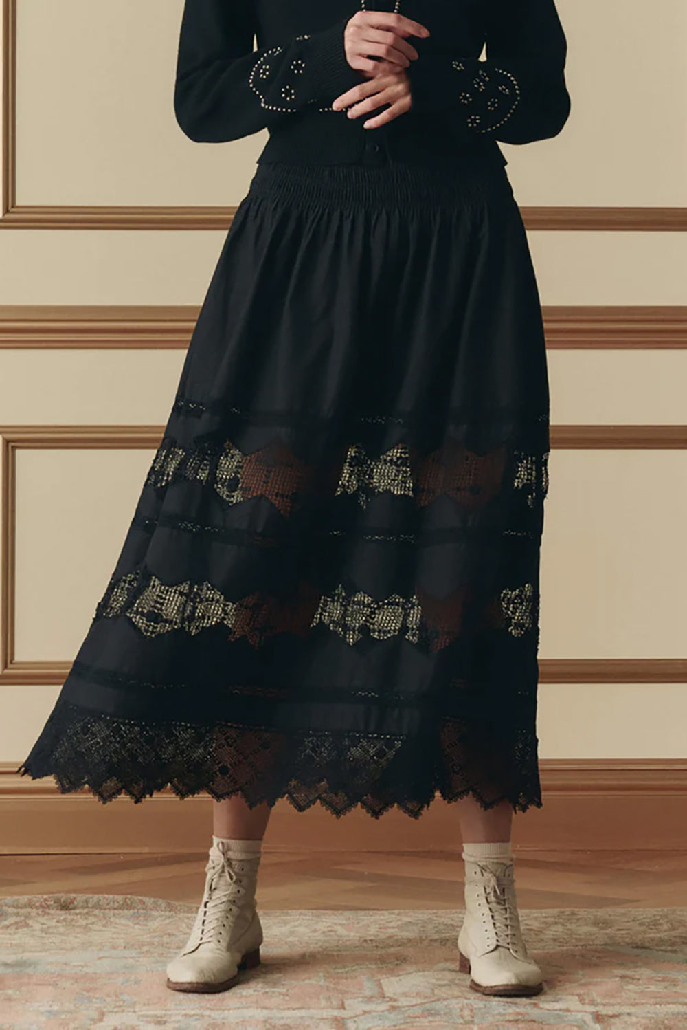 The Rosette Crochet Canary Skirt in Black