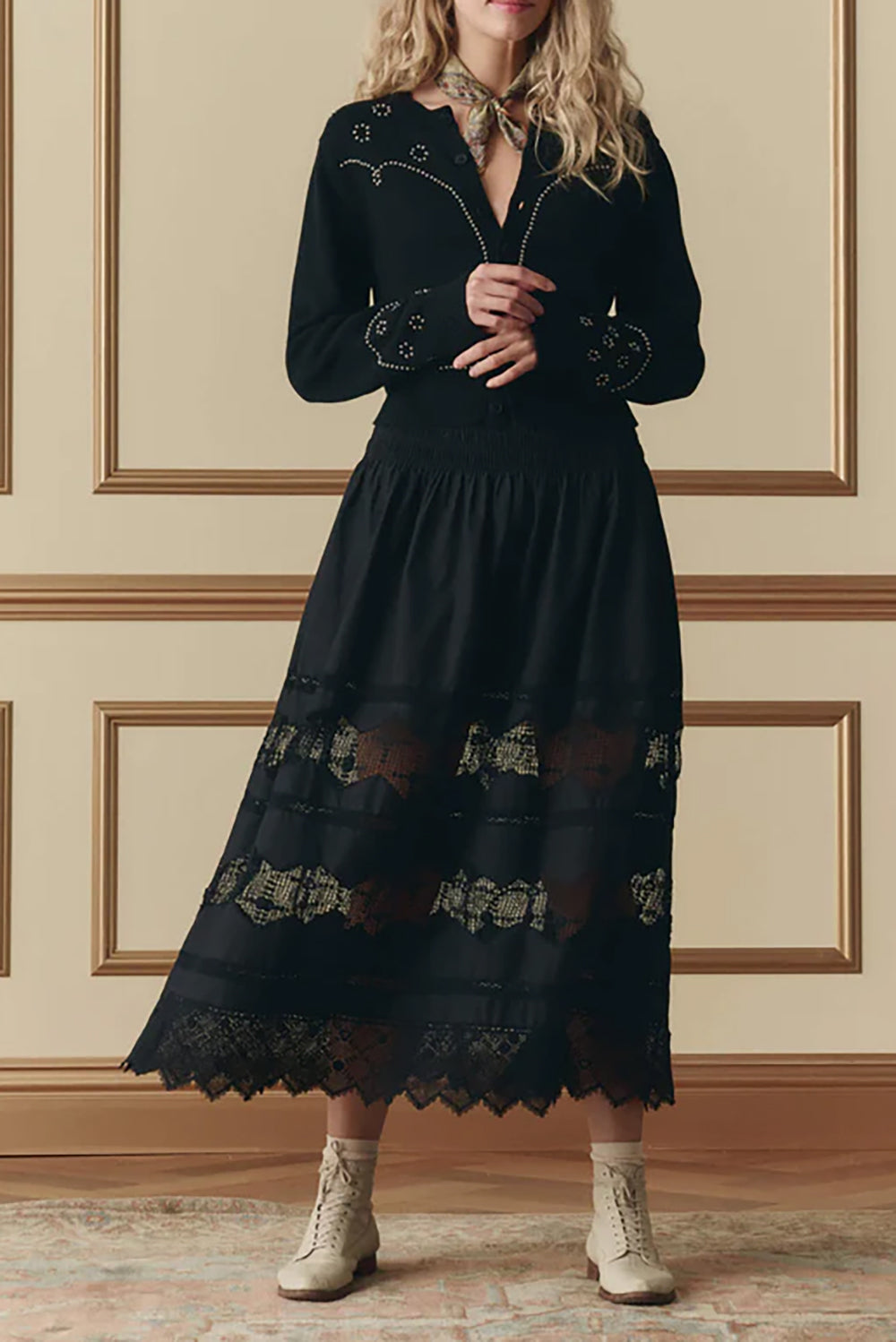 The Rosette Crochet Canary Skirt in Black