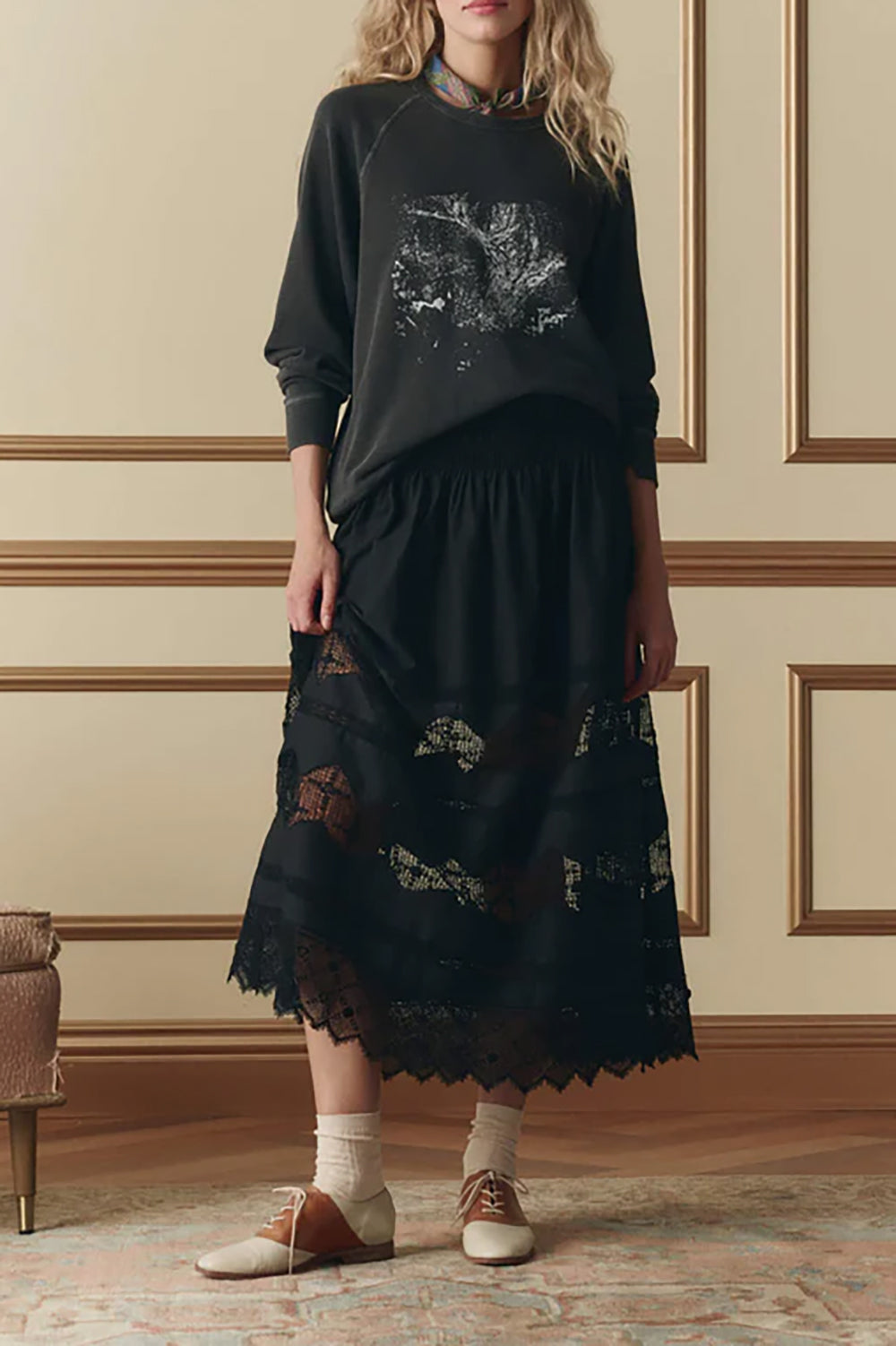 The Rosette Crochet Canary Skirt in Black