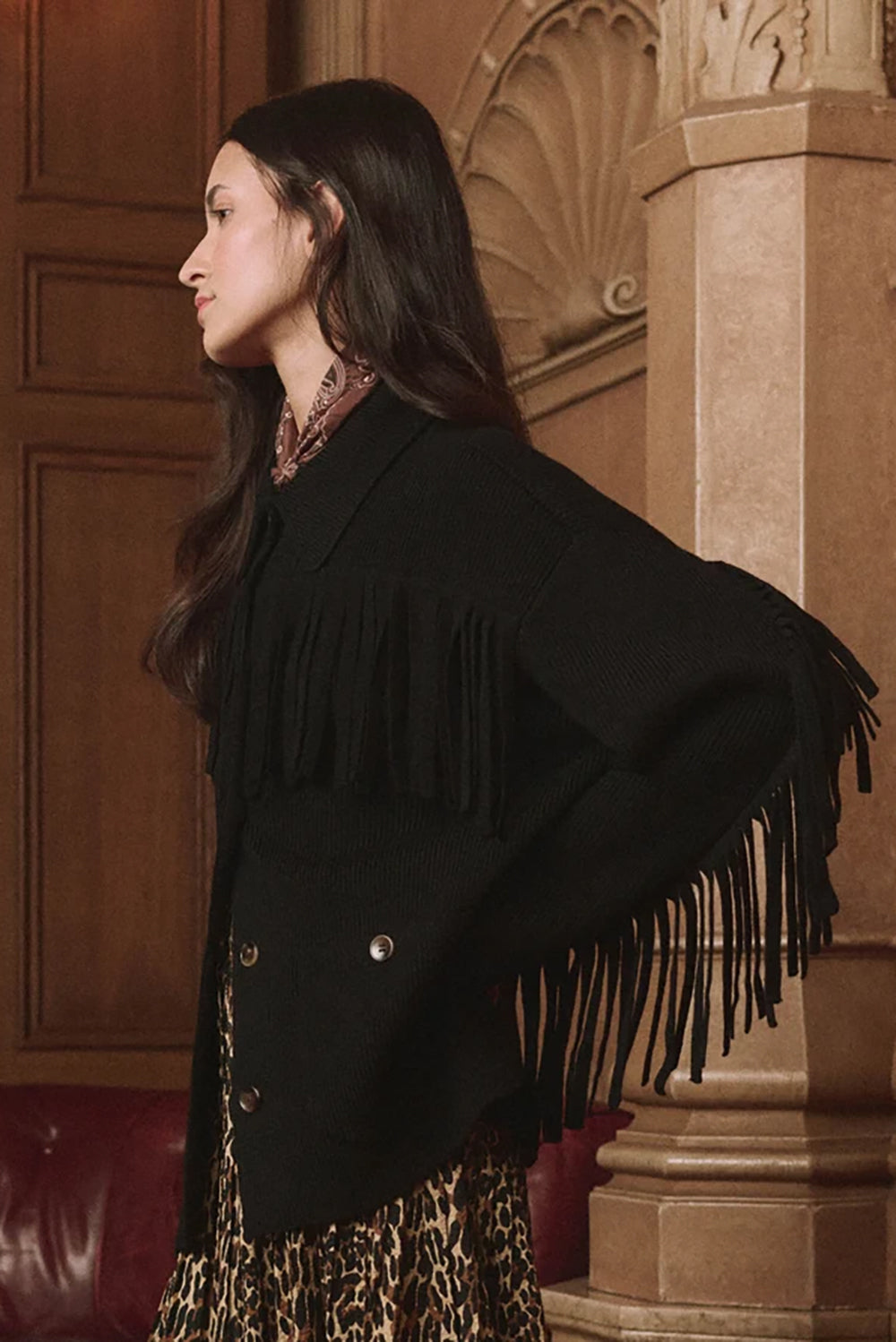 The Western Fringe Sweater Jacket in Black