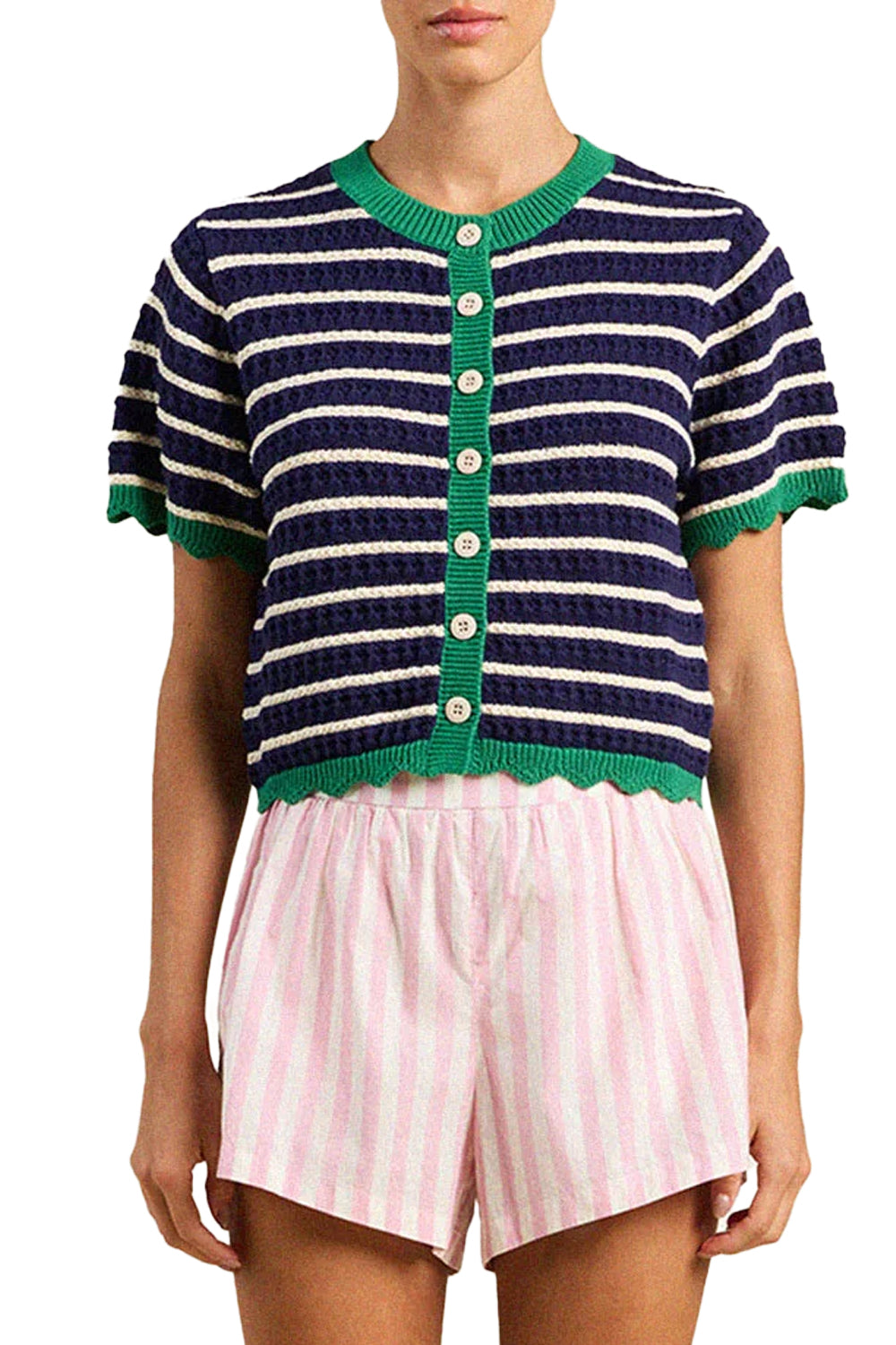 Aurora Cardigan in Navy with Antique White Stripe