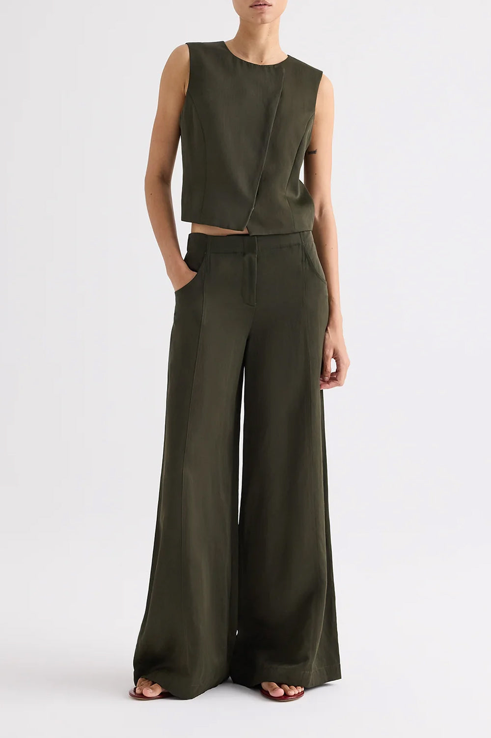High Neck Hidden Placket Vest in Coated Viscose Linen Rosin