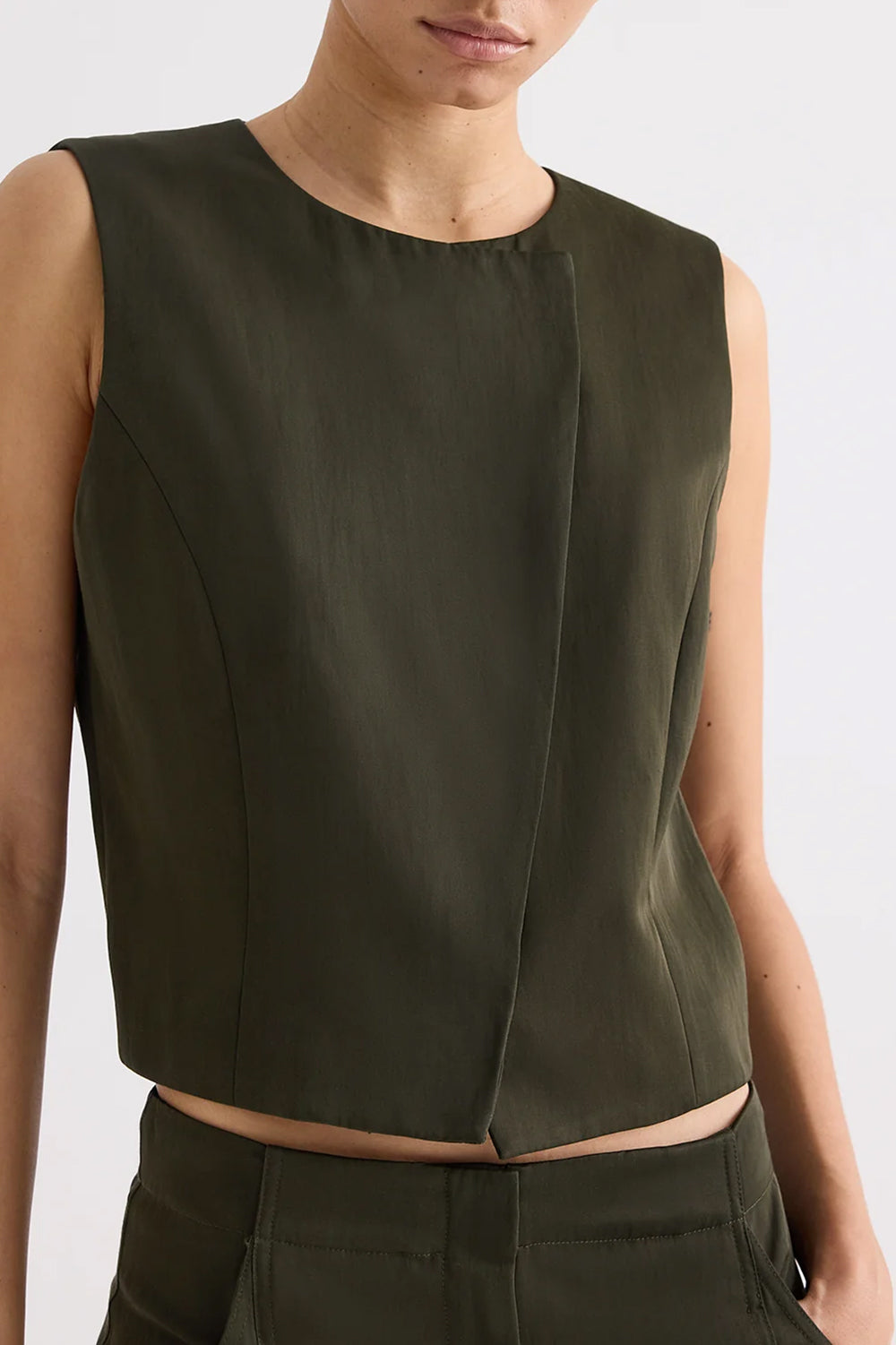 High Neck Hidden Placket Vest in Coated Viscose Linen Rosin