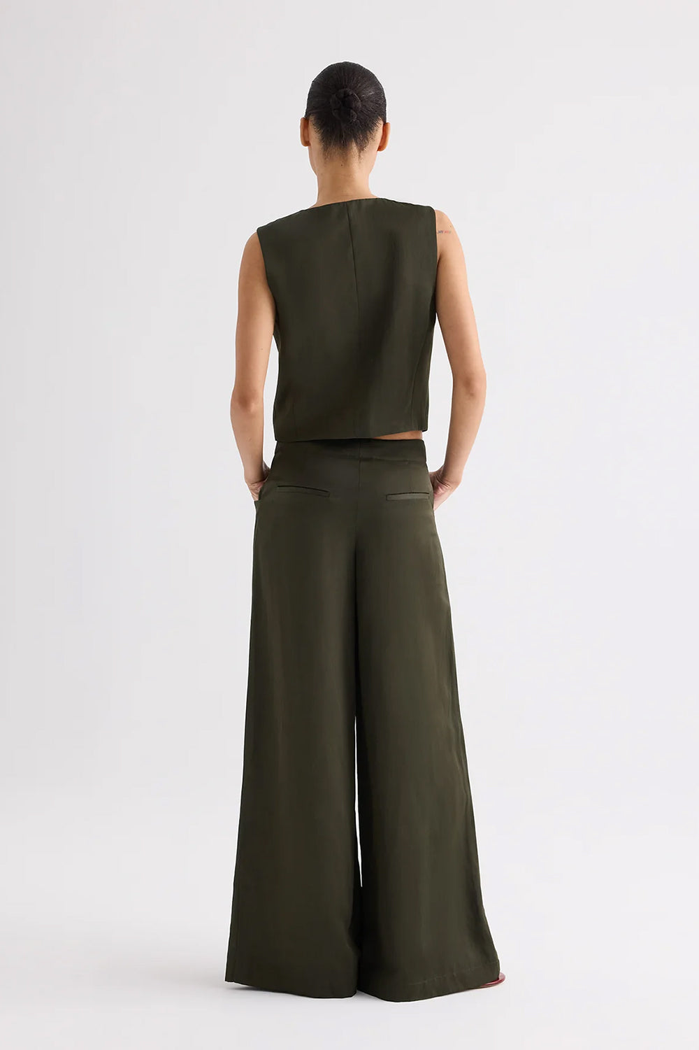 High Neck Hidden Placket Vest in Coated Viscose Linen Rosin