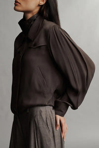 Hep Silk Collared Top in Chocolate Torte