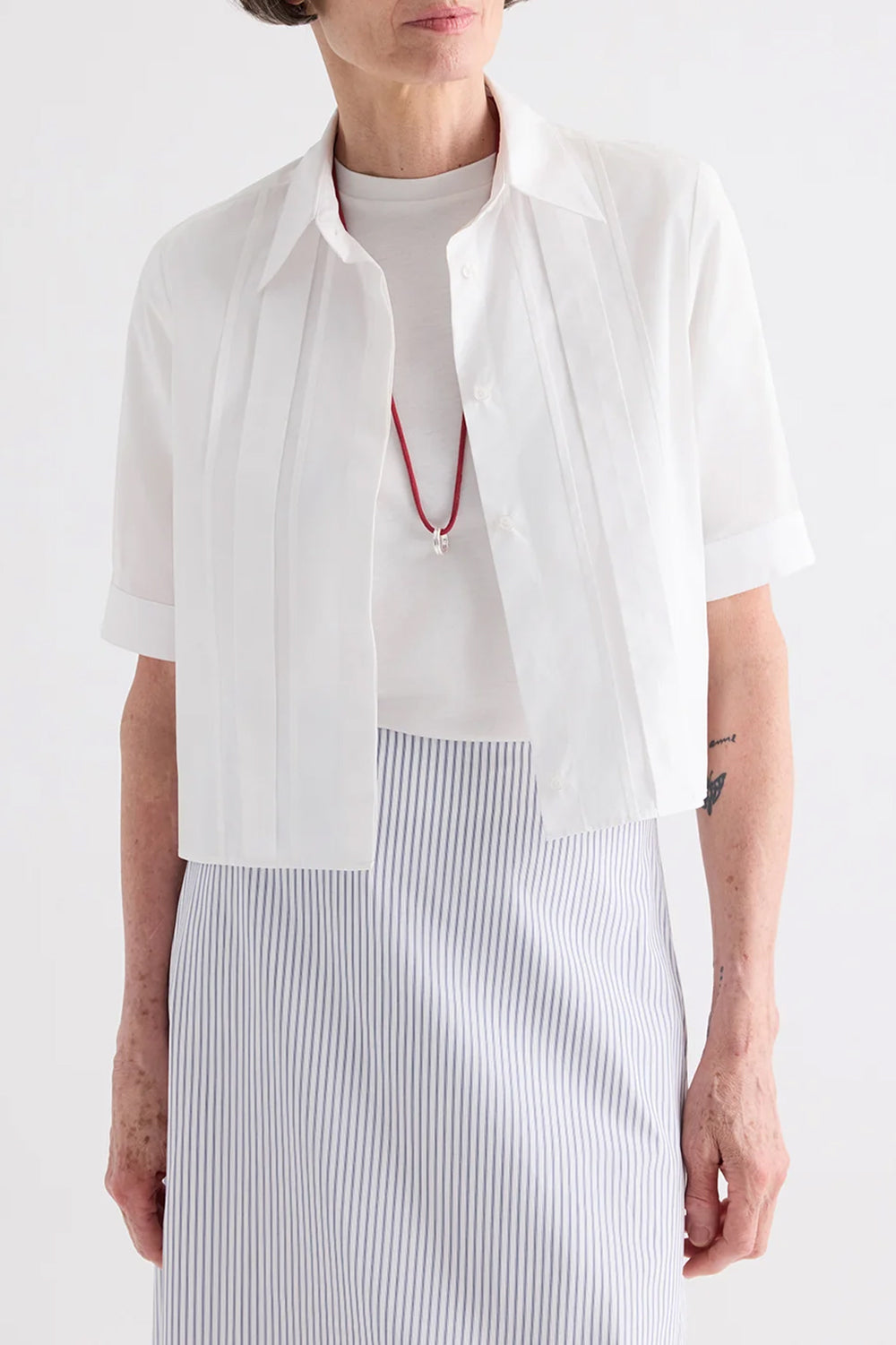 Short Lived Shirt with Pleated Placket in Super Compact Poplin White