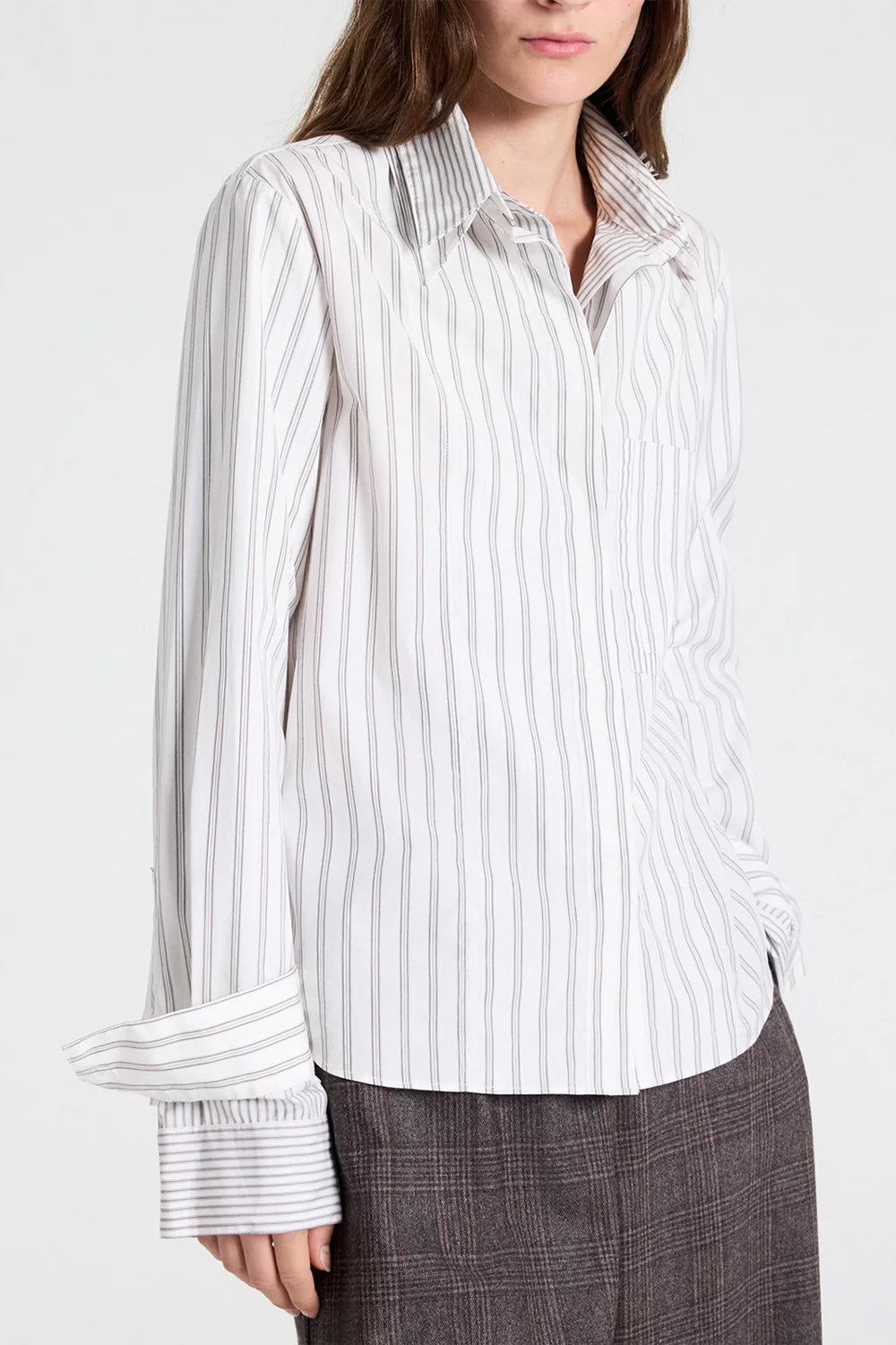 Double Layer Boyfriend Shirt in Cotton Stripes Turkish Coffee Ivory
