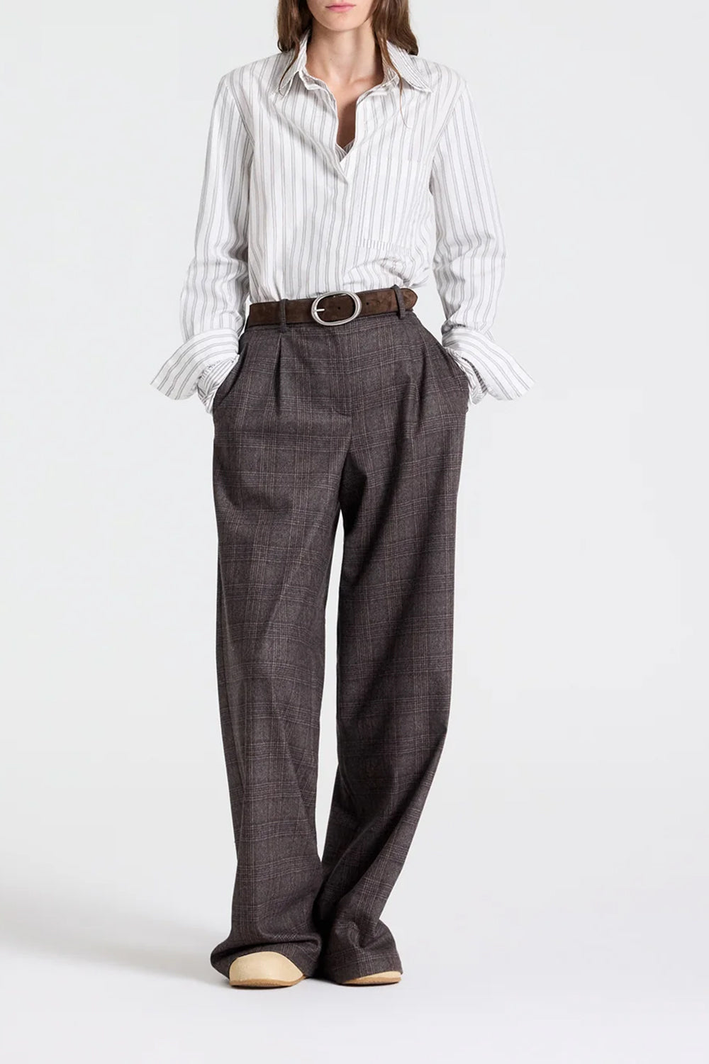 Double Layer Boyfriend Shirt in Cotton Stripes Turkish Coffee Ivory