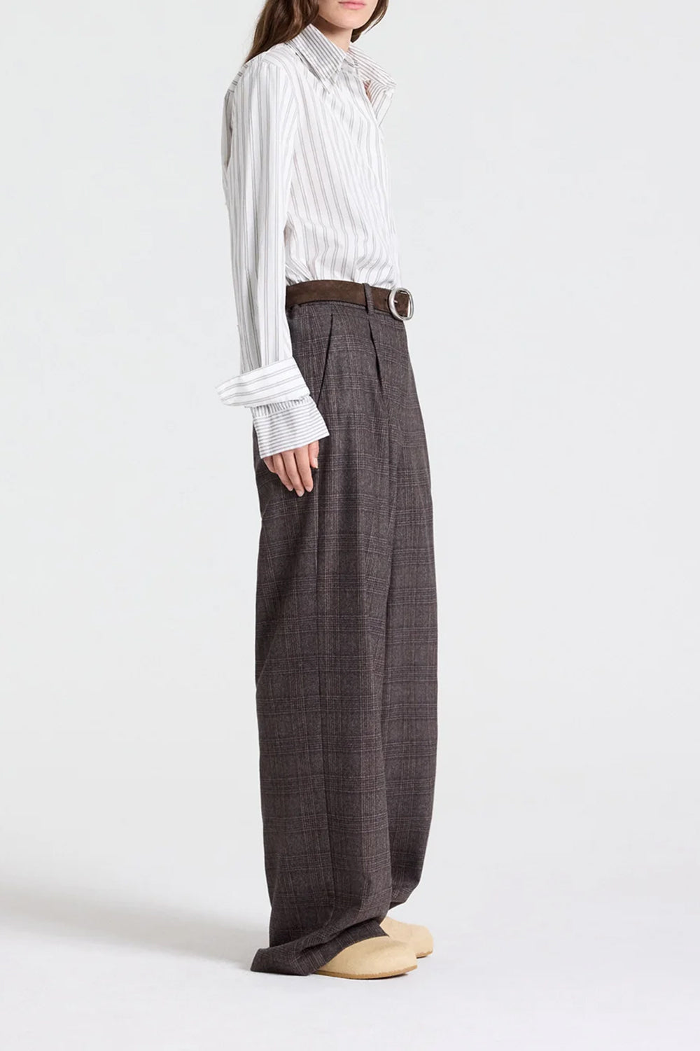 Double Layer Boyfriend Shirt in Cotton Stripes Turkish Coffee Ivory