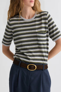Striped True Crewneck in Superfine Cashmere Beetle Multi