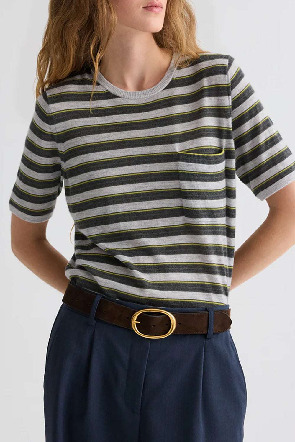 Striped True Crewneck in Superfine Cashmere Beetle Multi