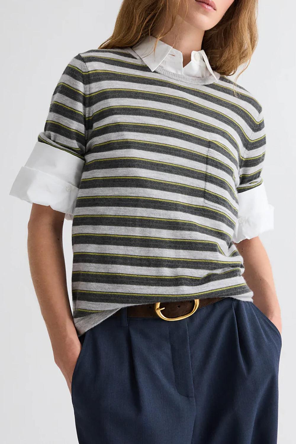 Striped True Crewneck in Superfine Cashmere Beetle Multi