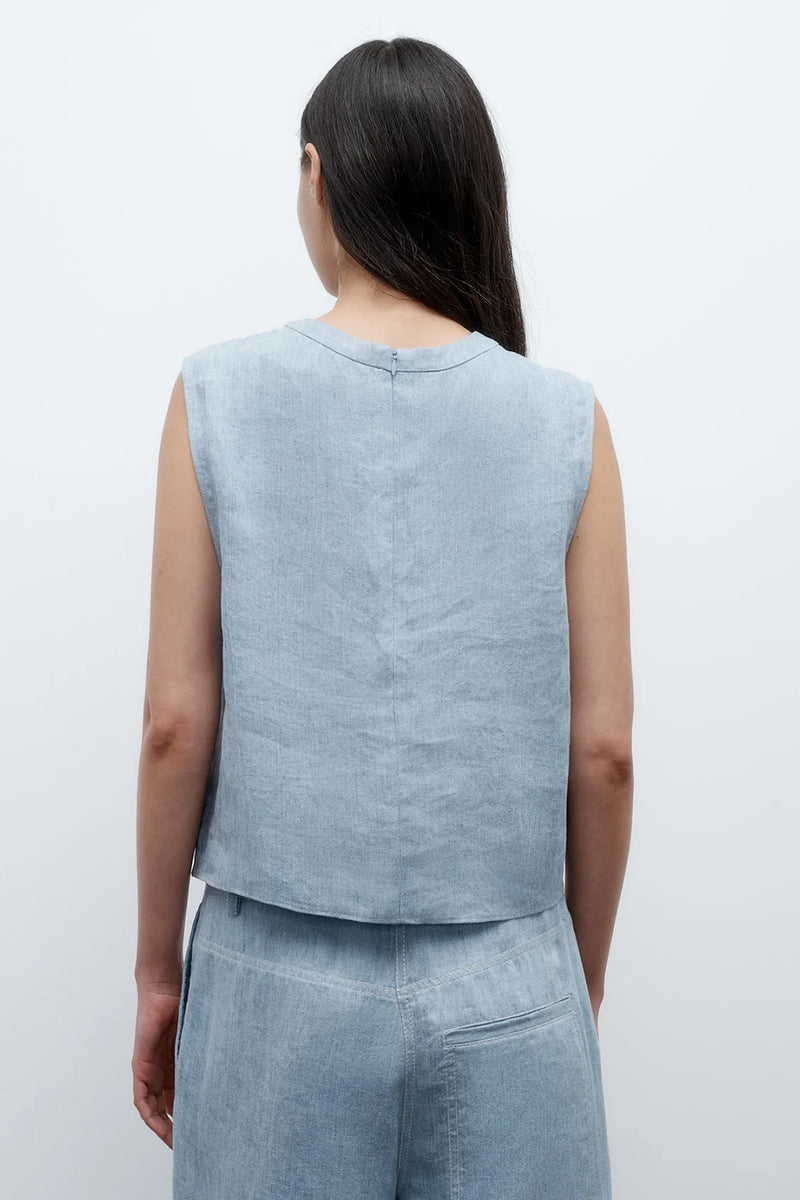 Cropped Muscle Tank in Lightweight Washed Hemp Denim Light Indigo