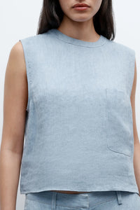 Cropped Muscle Tank in Lightweight Washed Hemp Denim Light Indigo