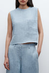 Cropped Muscle Tank in Lightweight Washed Hemp Denim Light Indigo