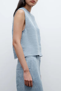 Cropped Muscle Tank in Lightweight Washed Hemp Denim Light Indigo