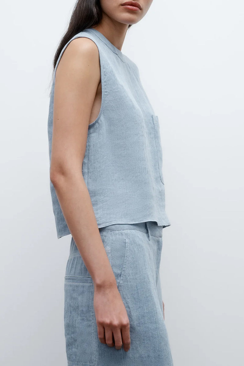 Cropped Muscle Tank in Lightweight Washed Hemp Denim Light Indigo