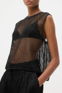 Short Muscle Tank in Mini Sequin Netting Black