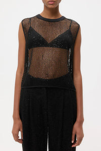 Short Muscle Tank in Mini Sequin Netting Black