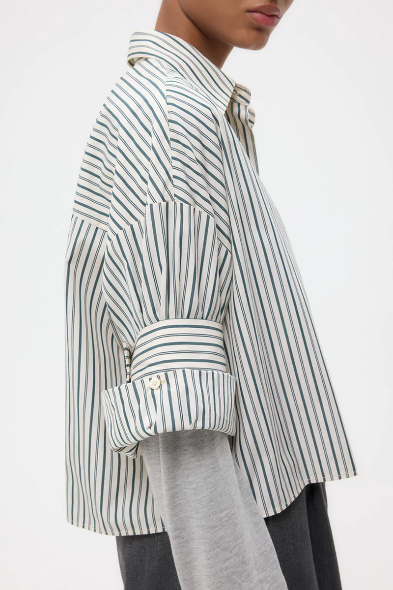 Next Ex Shirt in Dancing Striped Cotton Shirting Ivory Cilantro