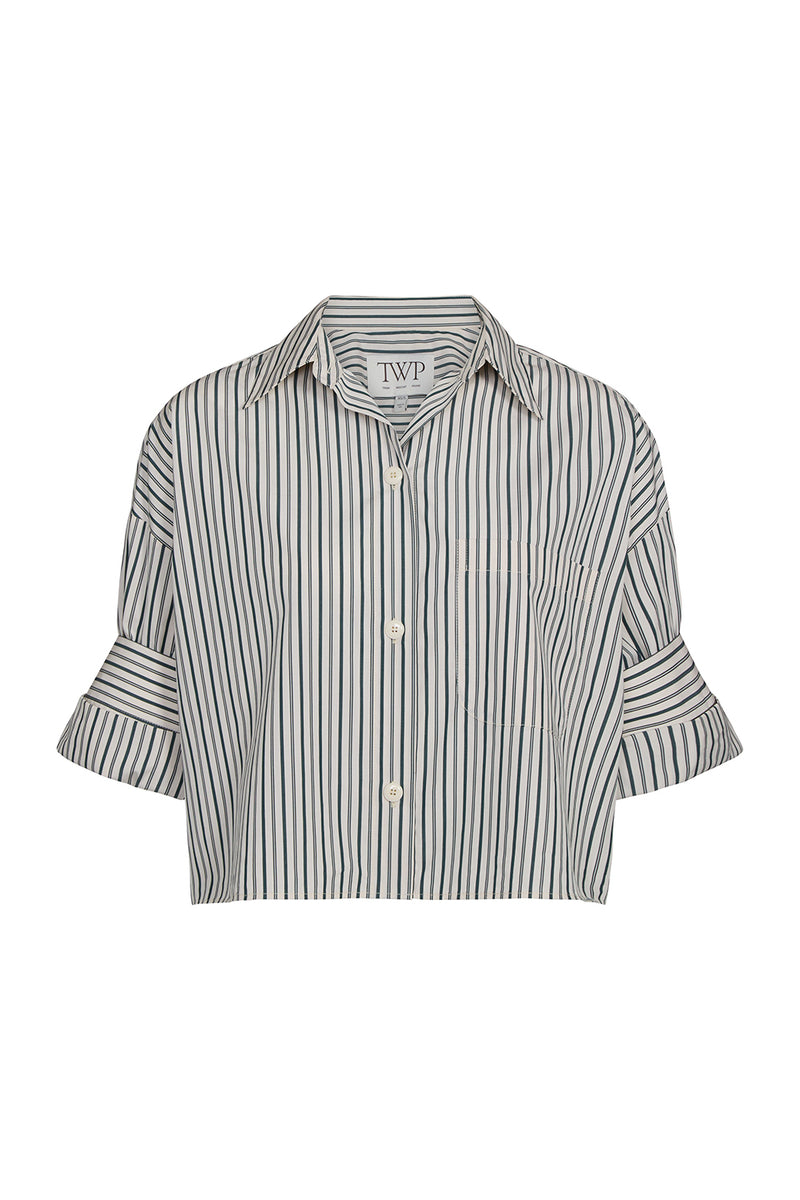 Next Ex Shirt in Dancing Striped Cotton Shirting Ivory Cilantro